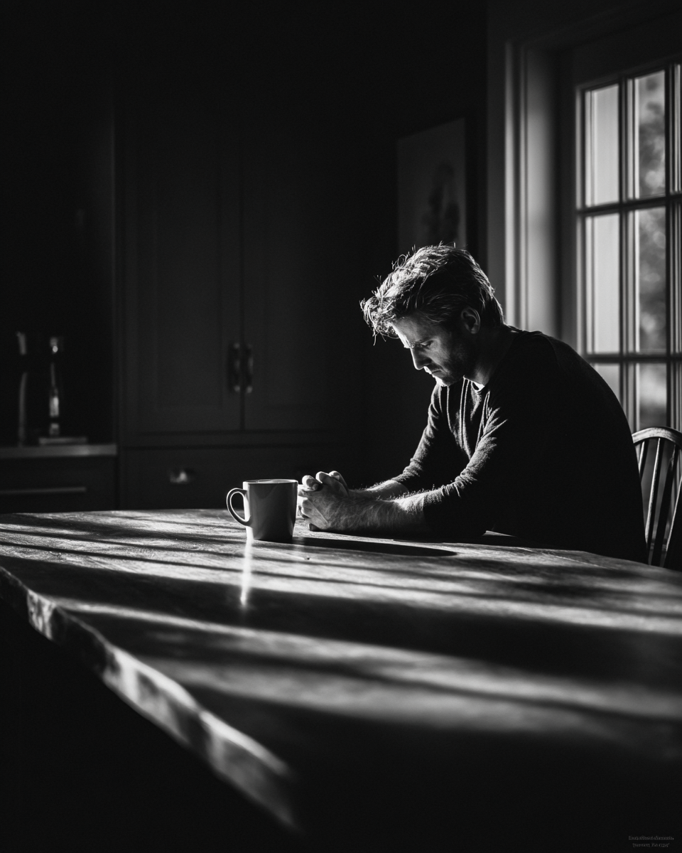 A man sitting alone at a kitchen table