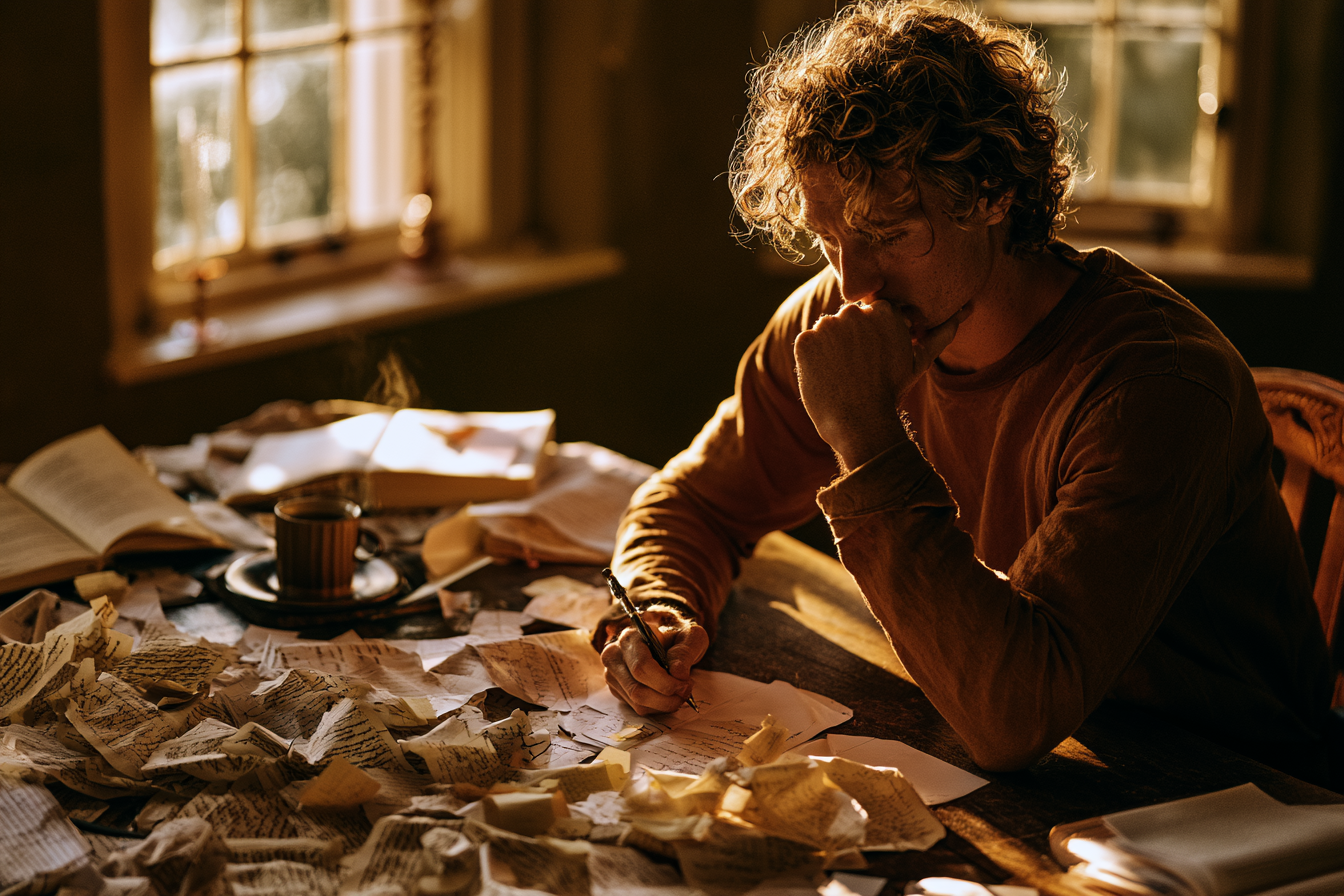 A writer at a desk surrounded by scattered manuscript pages in warm golden light